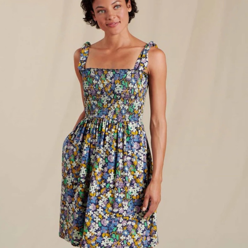 Toad&Co Blue and Yellow Ruched Tiered Sundress, Sz M (EUC)